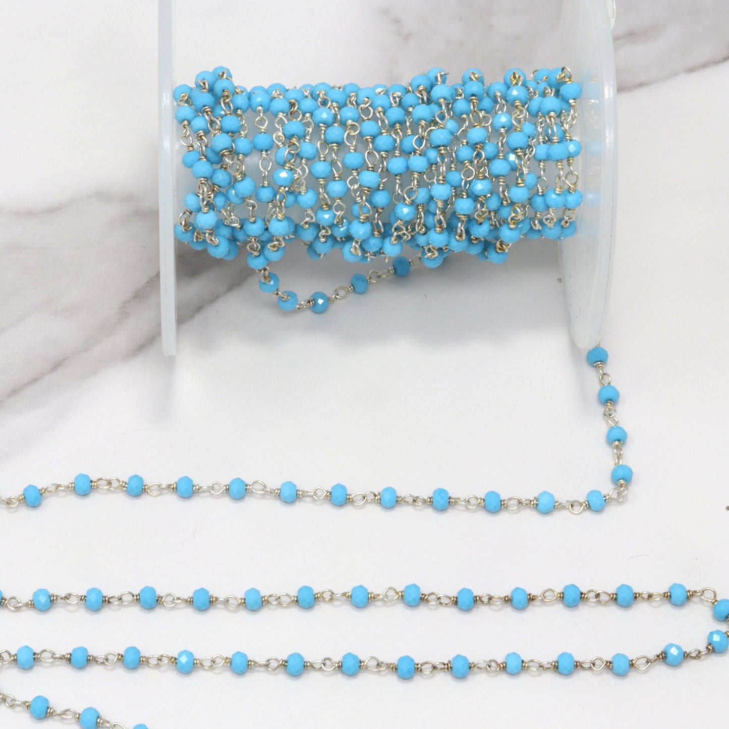 Blue Turquoise (R) 3mm Faceted Rondelles Rosary Chain Sterling Silver Wire Wrap Chain by the Foot