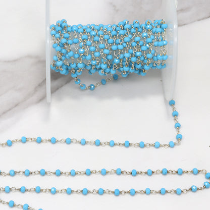 Blue Turquoise (R) 3mm Faceted Rondelles Rosary Chain Sterling Silver Wire Wrap Chain by the Foot