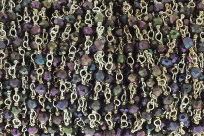 Purple Coated Black Spinel 3mm Faceted Rondelles Rosary Chain Sterling Silver Wire Wrap Chain by the Foot