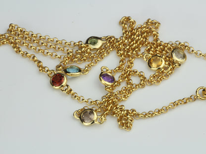 By the Yard Station Necklace with Floating Bezel Rainbow Multi Semi Precious Sterling Silver with Gold Plating 18 inch