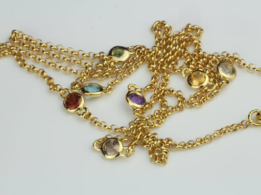 By the Yard Station Necklace with Floating Bezel Rainbow Multi Semi Precious Sterling Silver with Gold Plating 18 inch