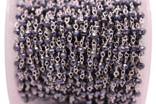 Coated Black Spinel 3mm Faceted Rondelles Rosary Chain Sterling Silver Wire Wrap Chain by the Foot
