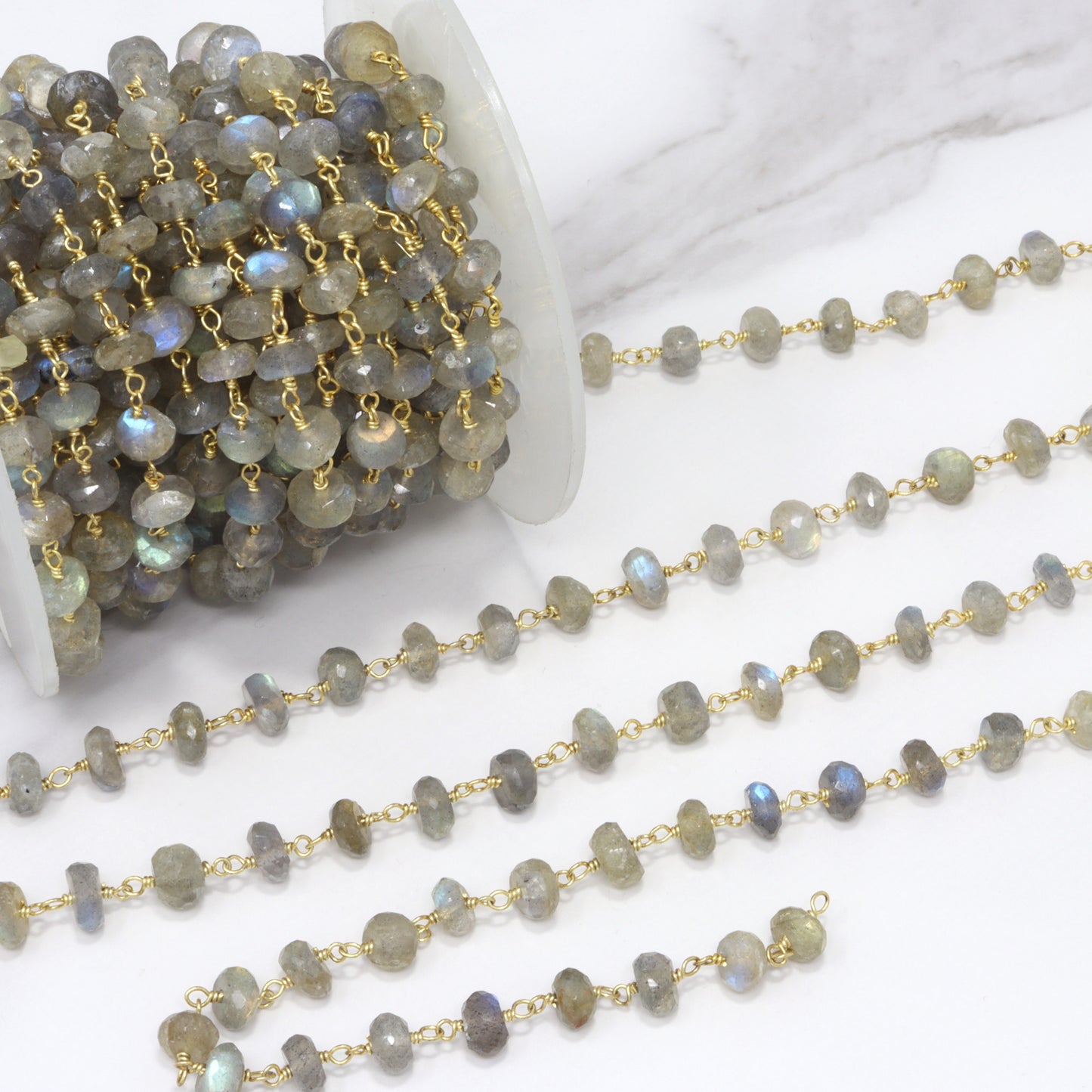 Blue Labradorite 6mm Faceted Rondelles Rosary Chain Sterling Silver with Gold Plating Wire Wrap Chain by the Foot