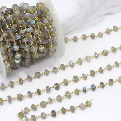 Blue Labradorite 6mm Faceted Rondelles Rosary Chain Sterling Silver with Gold Plating Wire Wrap Chain by the Foot