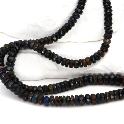 Black Ethiopian Opal 4mm - 5.5mm Hand Faceted Rondelles Bead Strand