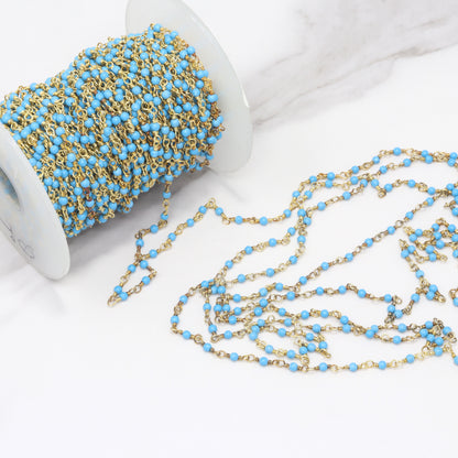 Blue Turquoise (R) 2mm Smooth Rounds Rosary Chain Sterling Silver with Gold Plating Wire Wrap Chain by the Foot