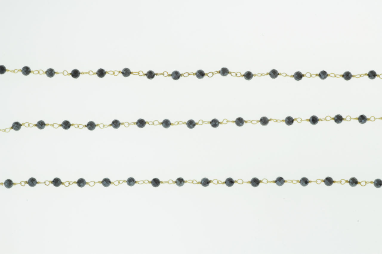 Coated Black Spinel 3mm Faceted Rondelles Rosary Chain Sterling Silver with Gold Plating Wire Wrap Chain by the Foot