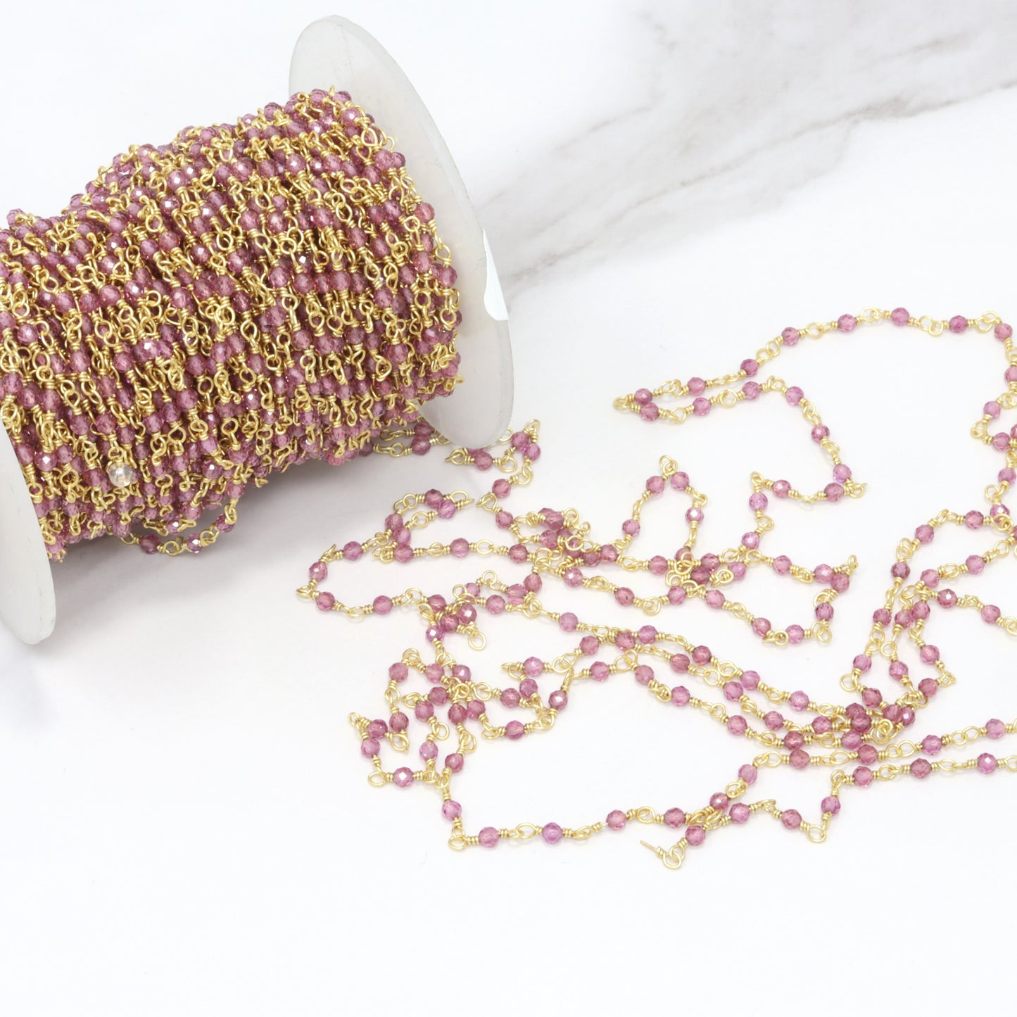 Rhodolite Garnet 2.5mm Faceted Rounds Rosary Chain Sterling Silver with Gold Plating Wire Wrap Chain by the Foot