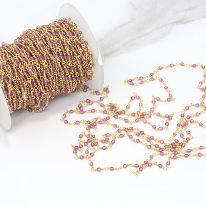 Rhodolite Garnet 2.5mm Faceted Rounds Rosary Chain Sterling Silver with Gold Plating Wire Wrap Chain by the Foot