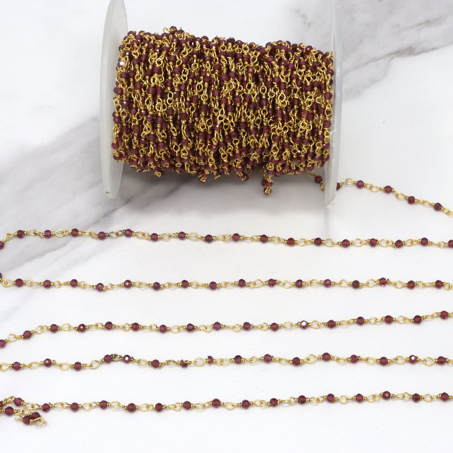 Red Garnet 2mm Faceted Rounds Rosary Chain Sterling Silver with Gold Plating Wire Wrap Chain by the Foot