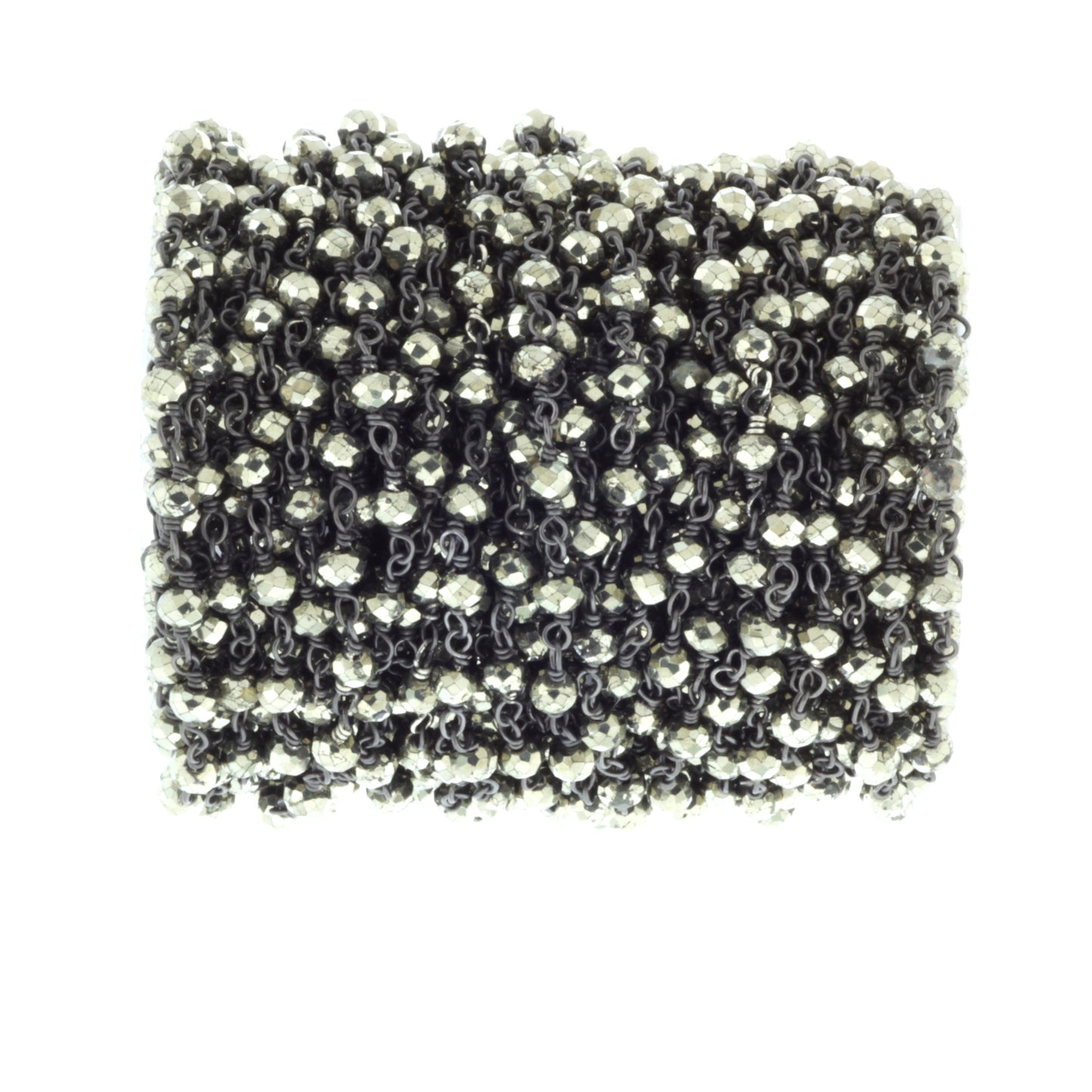 Natural Pyrite 4mm Faceted Rondelles Rosary Chain Sterling Silver with Black Rhodium Plating Wire Wrap Chain by the Foot