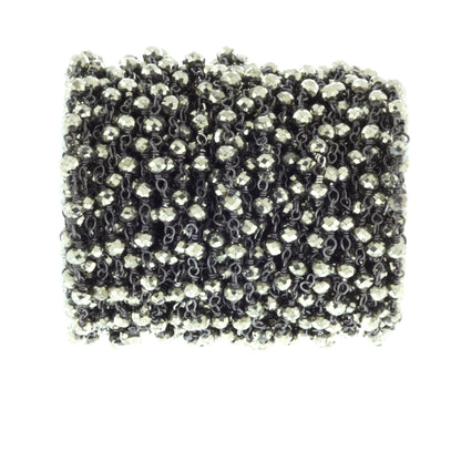 Natural Pyrite 4mm Faceted Rondelles Rosary Chain Sterling Silver with Black Rhodium Plating Wire Wrap Chain by the Foot
