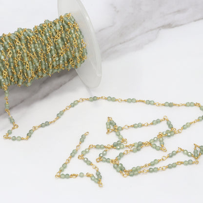 Green Apatite 2.5mm Faceted Rounds Rosary Chain Sterling Silver with Gold Plating Double Bead Wire Wrap Chain by the Foot