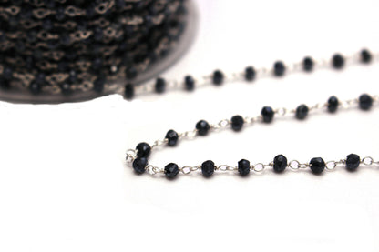 Coated Black Spinel 3mm Faceted Rondelles Rosary Chain Sterling Silver Wire Wrap Chain by the Foot