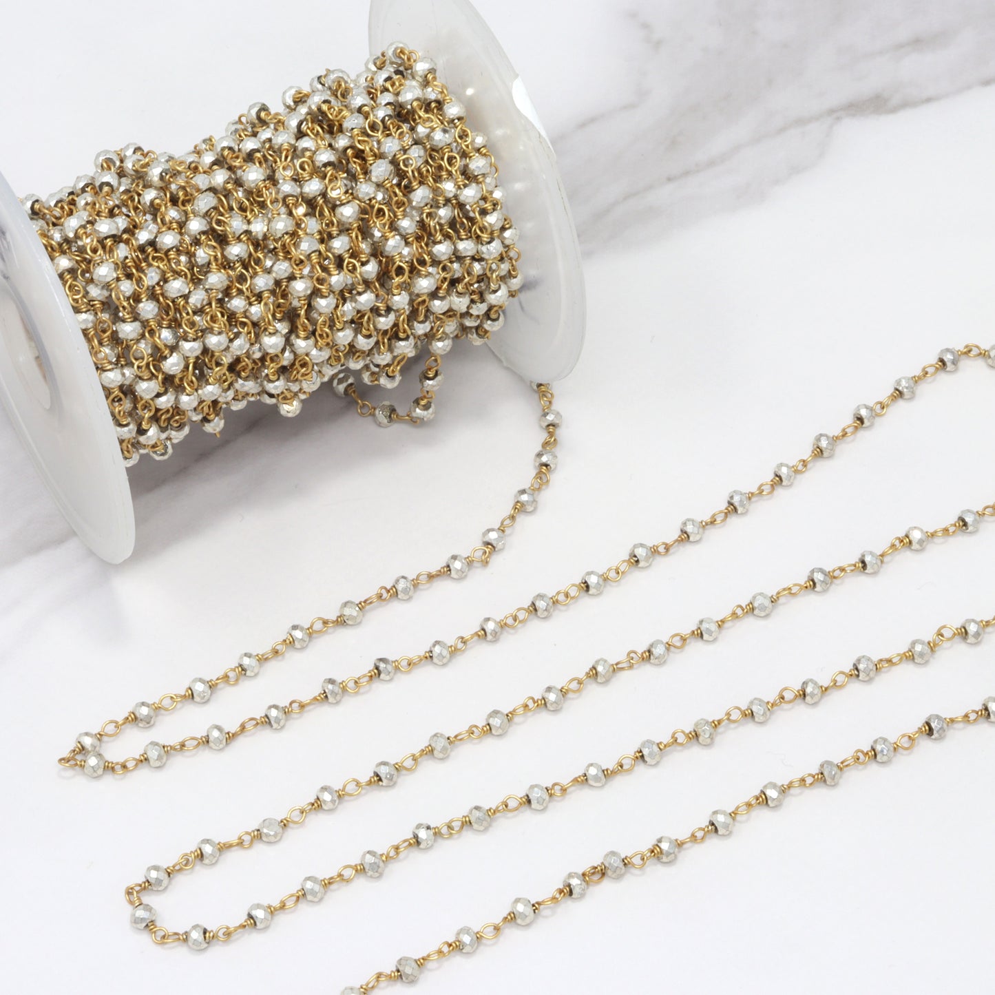 Silver Plated Pyrite 3mm Faceted Rondelles Rosary Chain Sterling Silver with Gold Plating Wire Wrap Chain by the Foot