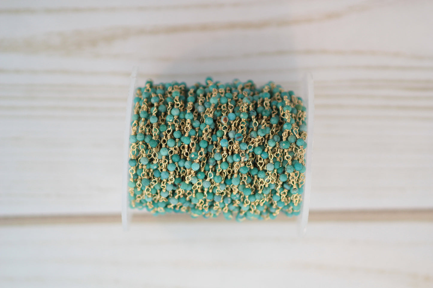 Natural Blue Turquoise 2.5mm Faceted Rounds Rosary Chain Sterling Silver with Gold Plating Wire Wrap Chain by the Foot