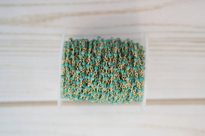 Natural Blue Turquoise 2.5mm Faceted Rounds Rosary Chain Sterling Silver with Gold Plating Wire Wrap Chain by the Foot