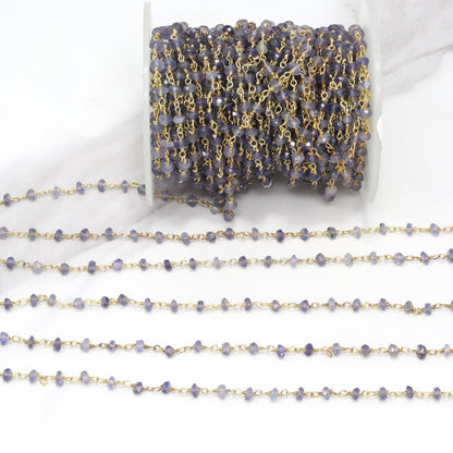 Blue Iolite 3mm Faceted Rondelles Rosary Chain Sterling Silver with Gold Plating Wire Wrap Chain by the Foot