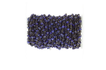 Dark Blue Lapis Lazuli 3mm Faceted Rondelles Rosary Chain Sterling Silver with Black Rhodium Plating Wire Wrap Chain by the Foot