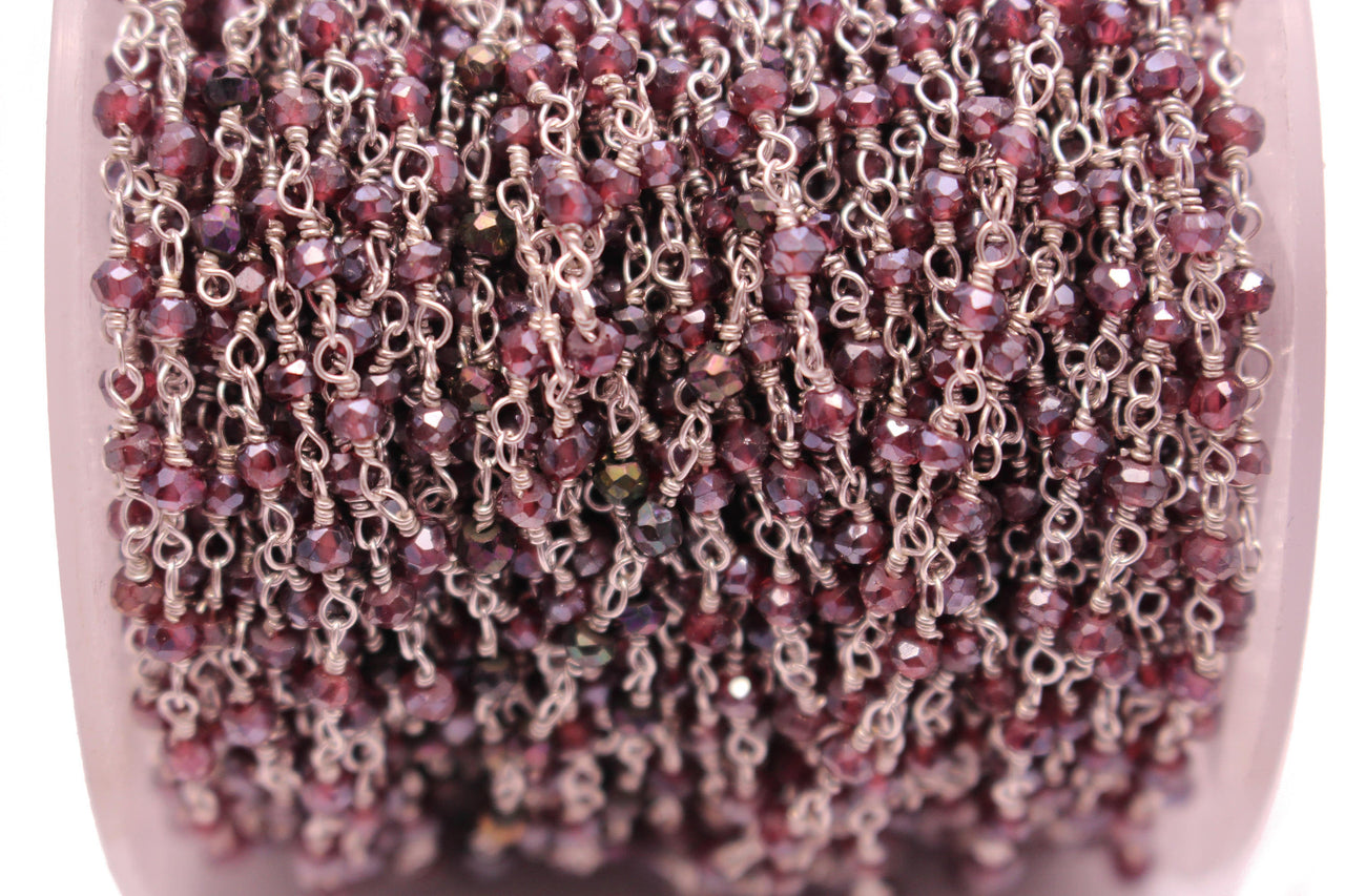 Coated Rhodolite Garnet 3mm Faceted Rondelles Rosary Chain Sterling Silver Wire Wrap Chain by the Foot