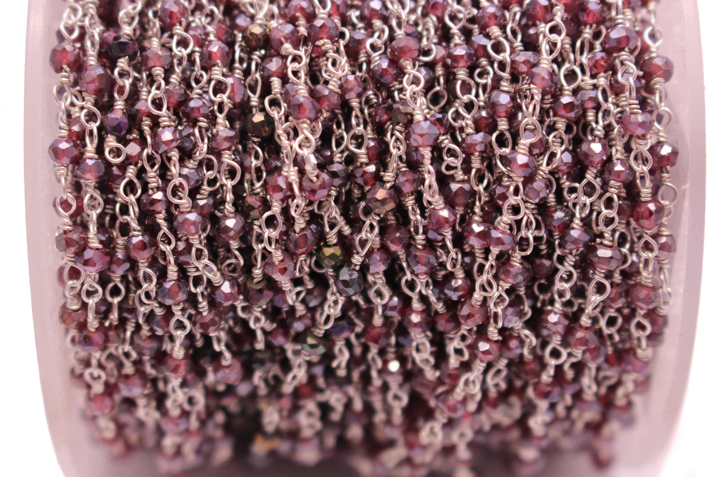 Coated Rhodolite Garnet 3mm Faceted Rondelles Rosary Chain Sterling Silver Wire Wrap Chain by the Foot