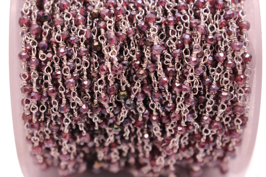 Coated Rhodolite Garnet 3mm Faceted Rondelles Rosary Chain Sterling Silver Wire Wrap Chain by the Foot