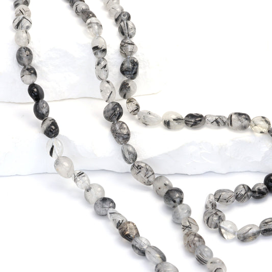 Black Tourmalinated Quartz 8x6mm Smooth Nuggets Bead Strand