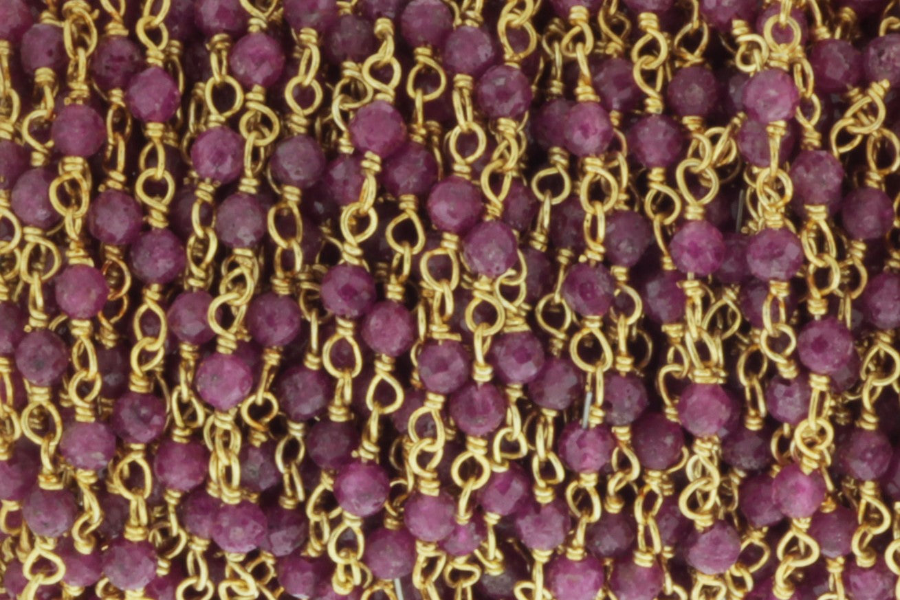Red Ruby 2.5mm Faceted Rounds Rosary Chain Sterling Silver with Gold Plating Wire Wrap Chain by the Foot