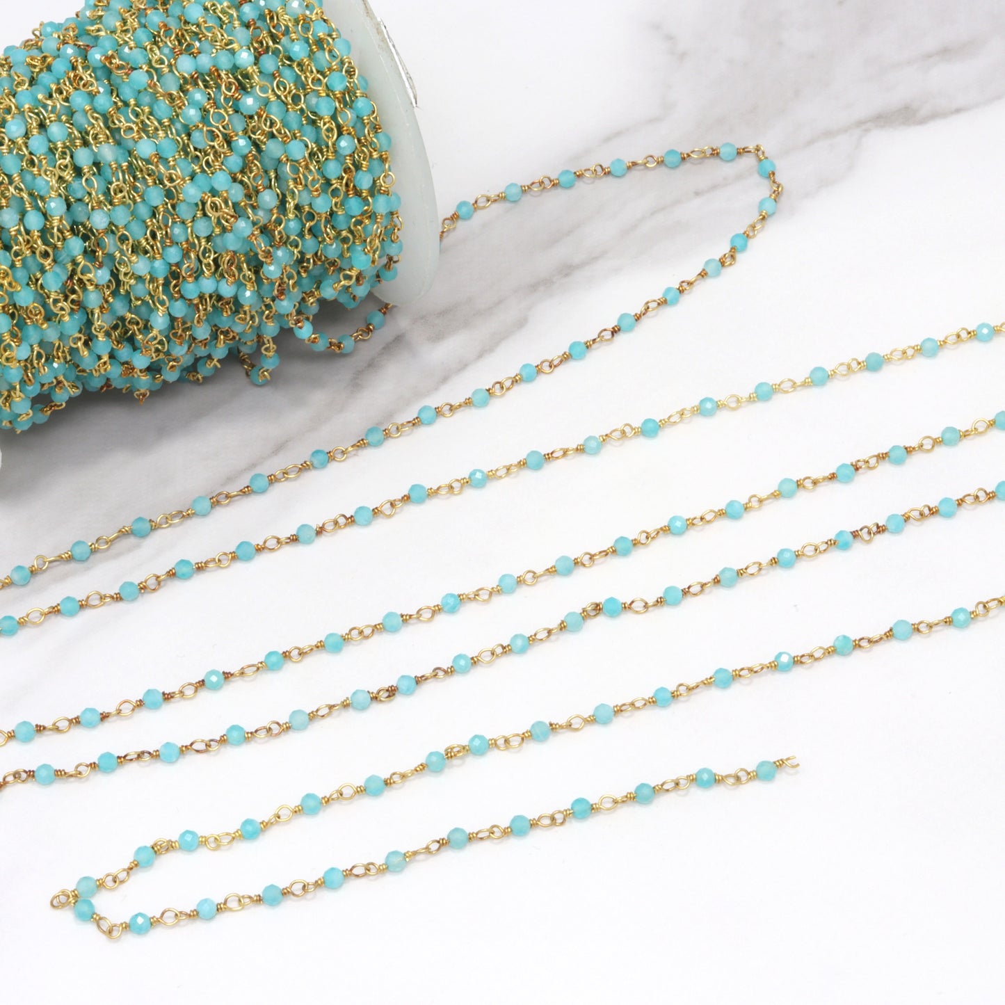 Blue Amazonite 2.5mm Faceted Rounds Rosary Chain Sterling Silver with Gold Plating Wire Wrap Chain by the Foot