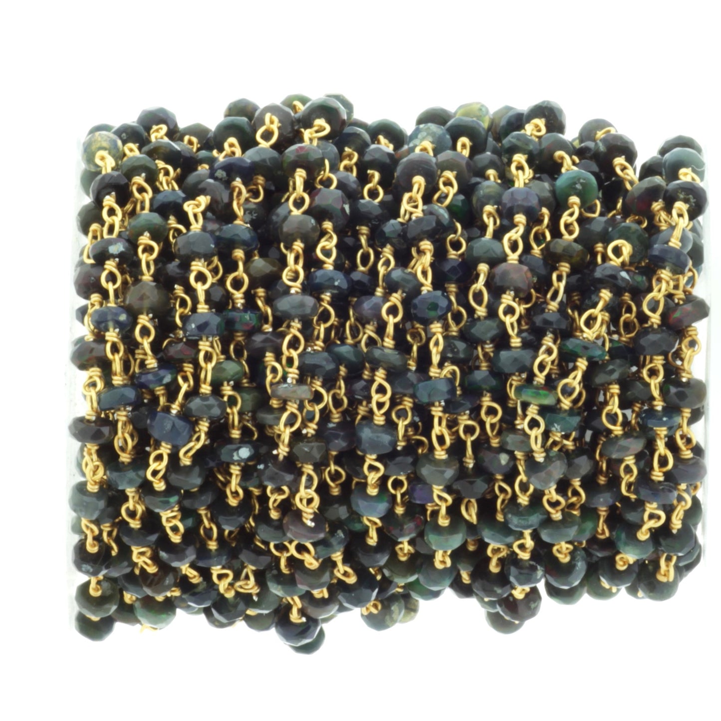 Black Ethiopian Opal 4mm Faceted Rondelles Rosary Chain Sterling Silver with Gold Plating Wire Wrap Chain by the Foot