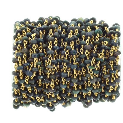 Black Ethiopian Opal 4mm Faceted Rondelles Rosary Chain Sterling Silver with Gold Plating Wire Wrap Chain by the Foot