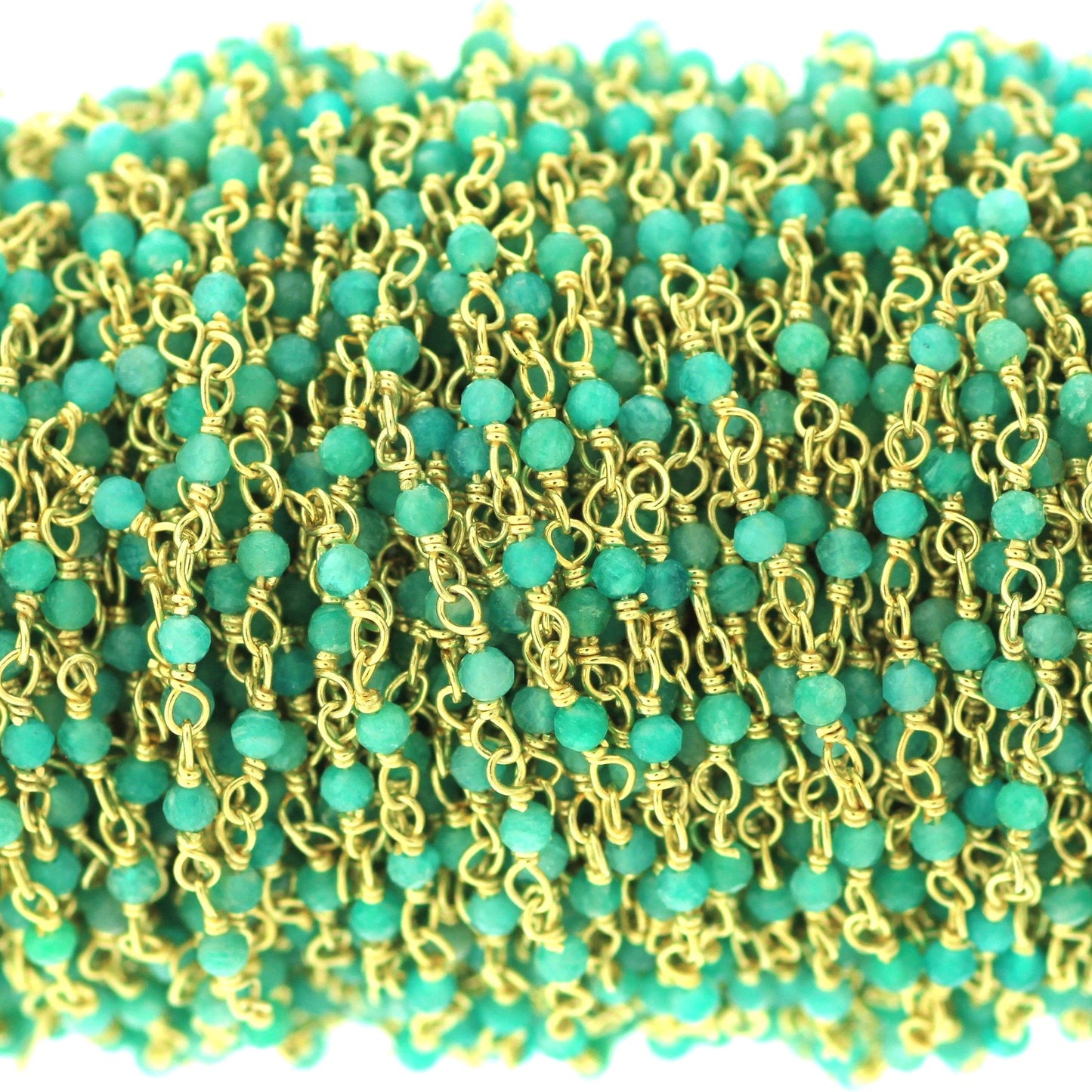 Blue Amazonite 2.5mm Faceted Rounds Rosary Chain Sterling Silver with Gold Plating Wire Wrap Chain by the Foot