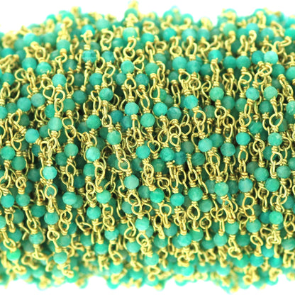 Blue Amazonite 2.5mm Faceted Rounds Rosary Chain Sterling Silver with Gold Plating Wire Wrap Chain by the Foot