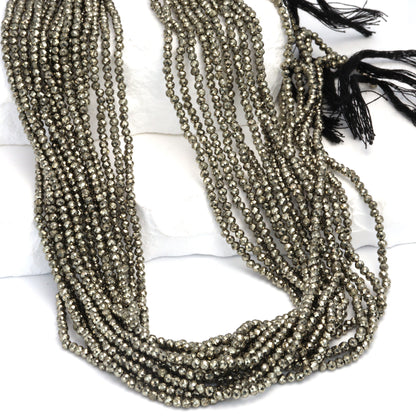 Natural Pyrite 2mm Faceted Rounds Bead Strand