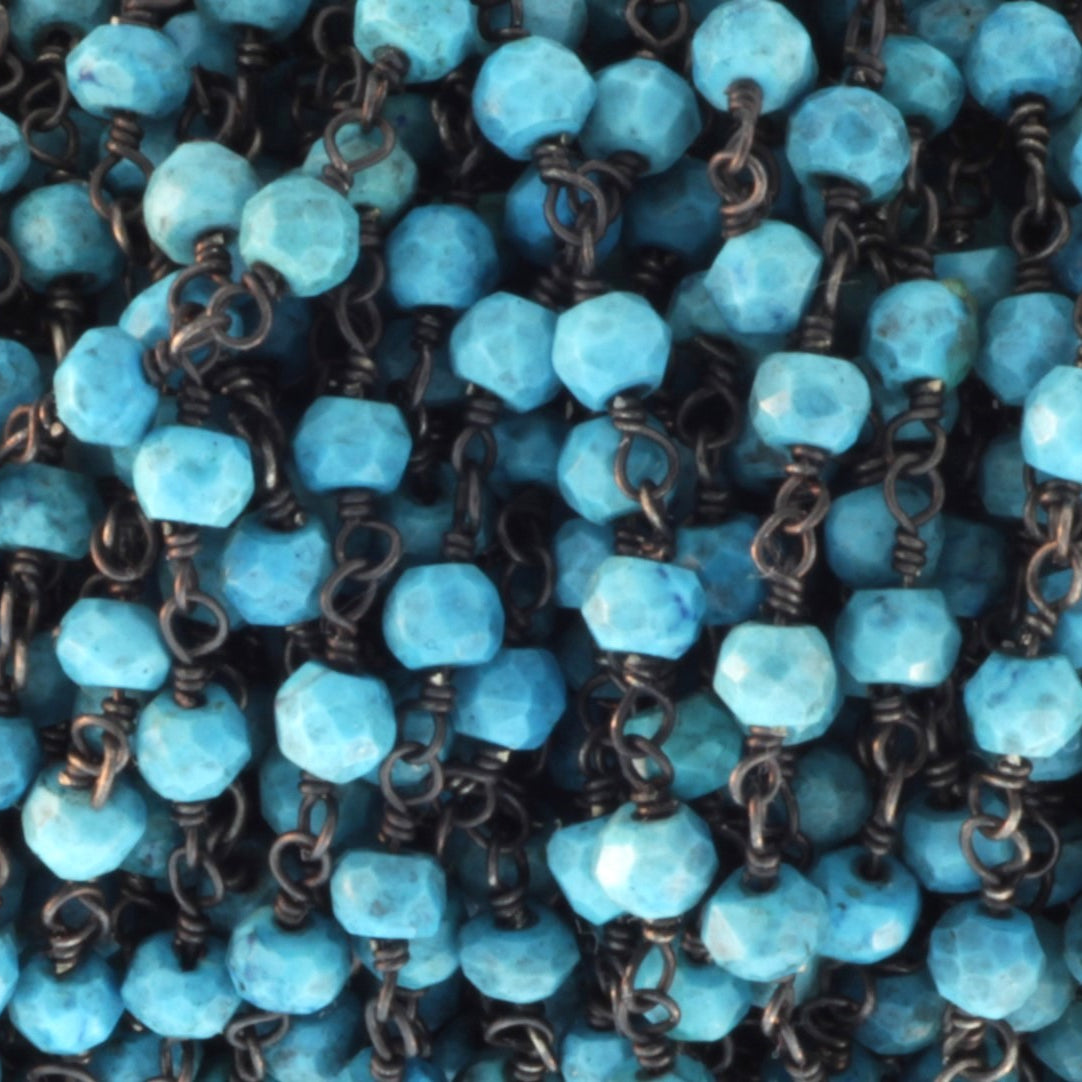 Blue Turquoise (R) 4mm Faceted Rondelles Rosary Chain Sterling Silver with Black Rhodium Plating Wire Wrap Chain by the Foot