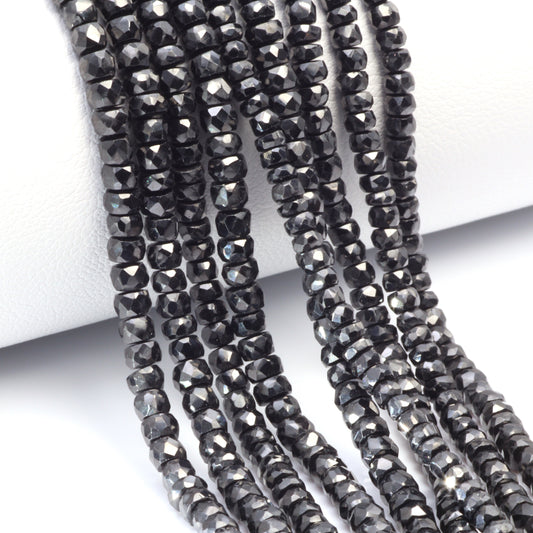 Black Cubic Zirconia 3mm Hand Faceted Rondelles Bead Strand