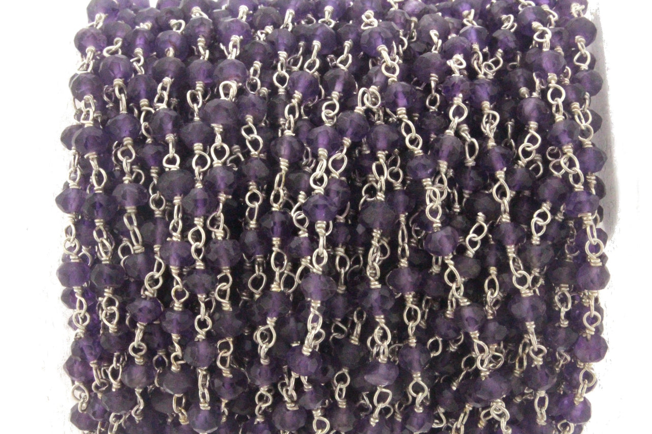 Purple Amethyst 3mm Faceted Rondelles Rosary Chain Sterling Silver Wire Wrap Chain by the Foot
