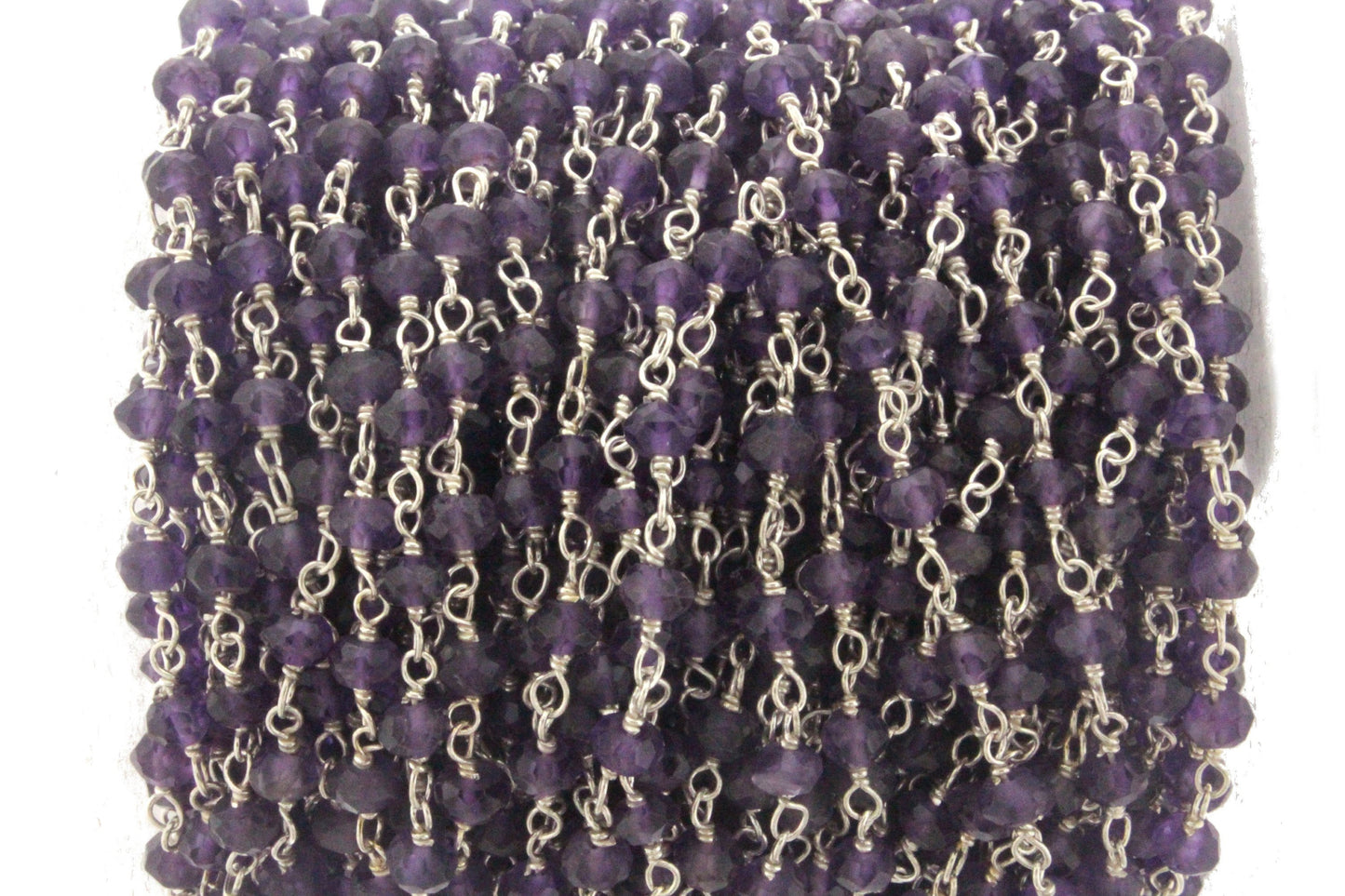 Purple Amethyst 3mm Faceted Rondelles Rosary Chain Sterling Silver Wire Wrap Chain by the Foot