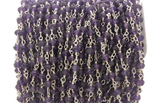 Purple Amethyst 3mm Faceted Rondelles Rosary Chain Sterling Silver Wire Wrap Chain by the Foot