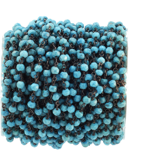 Blue Turquoise (R) 4mm Faceted Rondelles Rosary Chain Sterling Silver with Black Rhodium Plating Wire Wrap Chain by the Foot