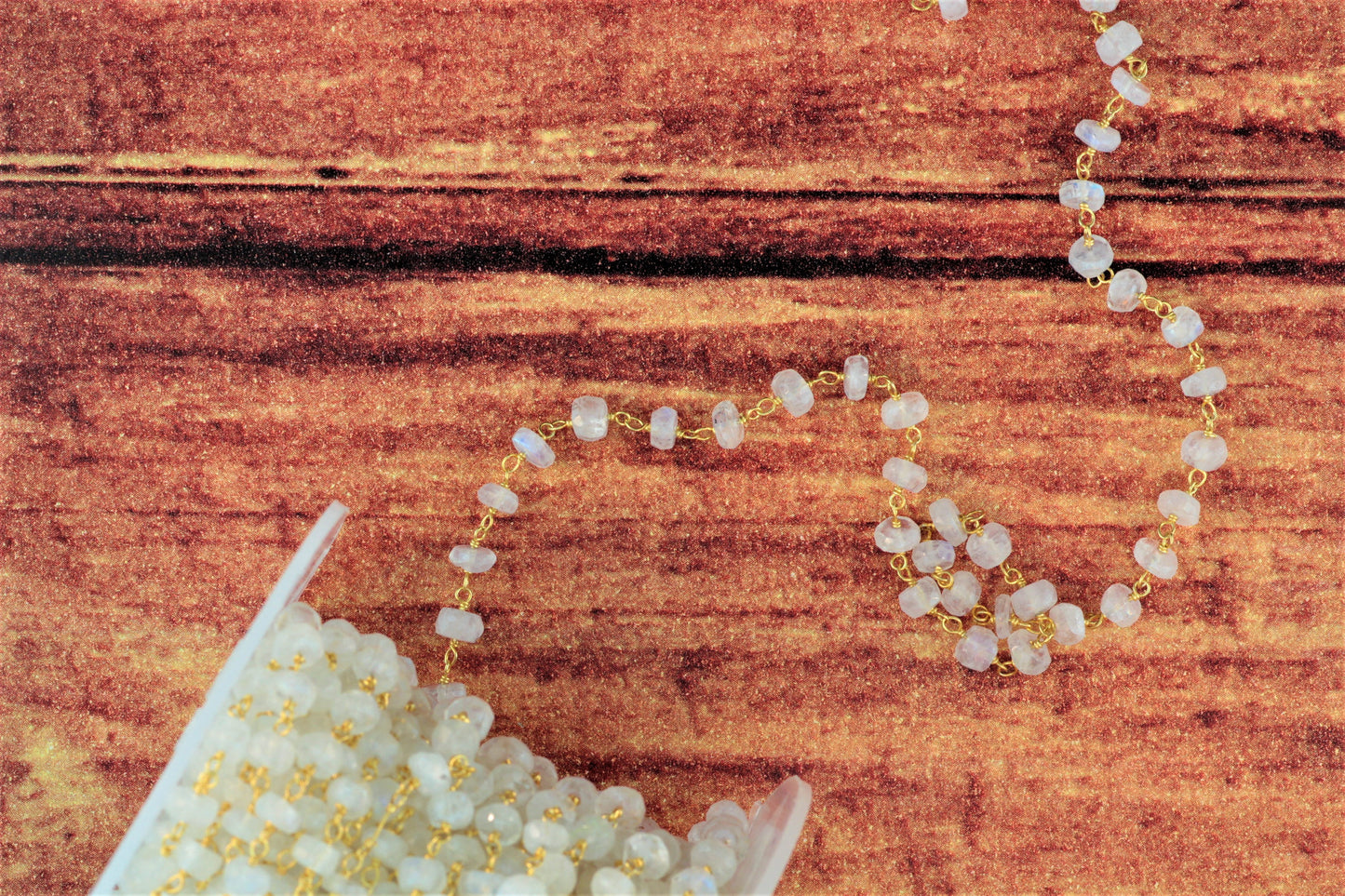 Blue Rainbow Moonstone 5mm Faceted Rondelles Rosary Chain Sterling Silver with Gold Plating Wire Wrap Chain by the Foot