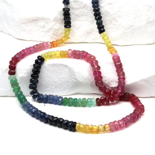 Rainbow Multi Ruby, Emerald, and Sapphire 3mm - 4mm Hand Faceted Rondelles Bead Strand