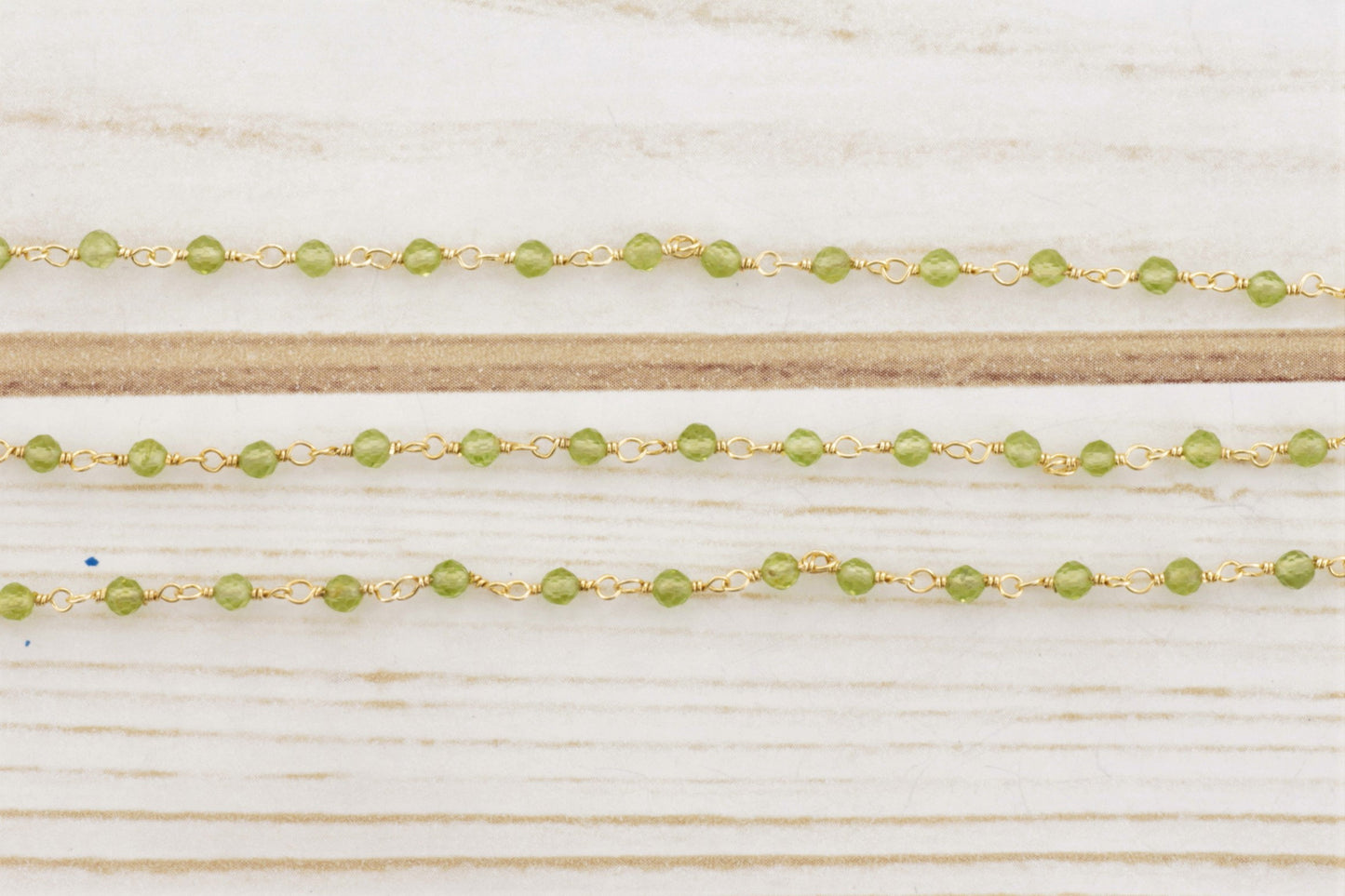Green Peridot 3mm Faceted Rounds Rosary Chain Sterling Silver with Gold Plating Wire Wrap Chain by the Foot