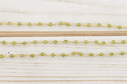 Green Peridot 3mm Faceted Rounds Rosary Chain Sterling Silver with Gold Plating Wire Wrap Chain by the Foot