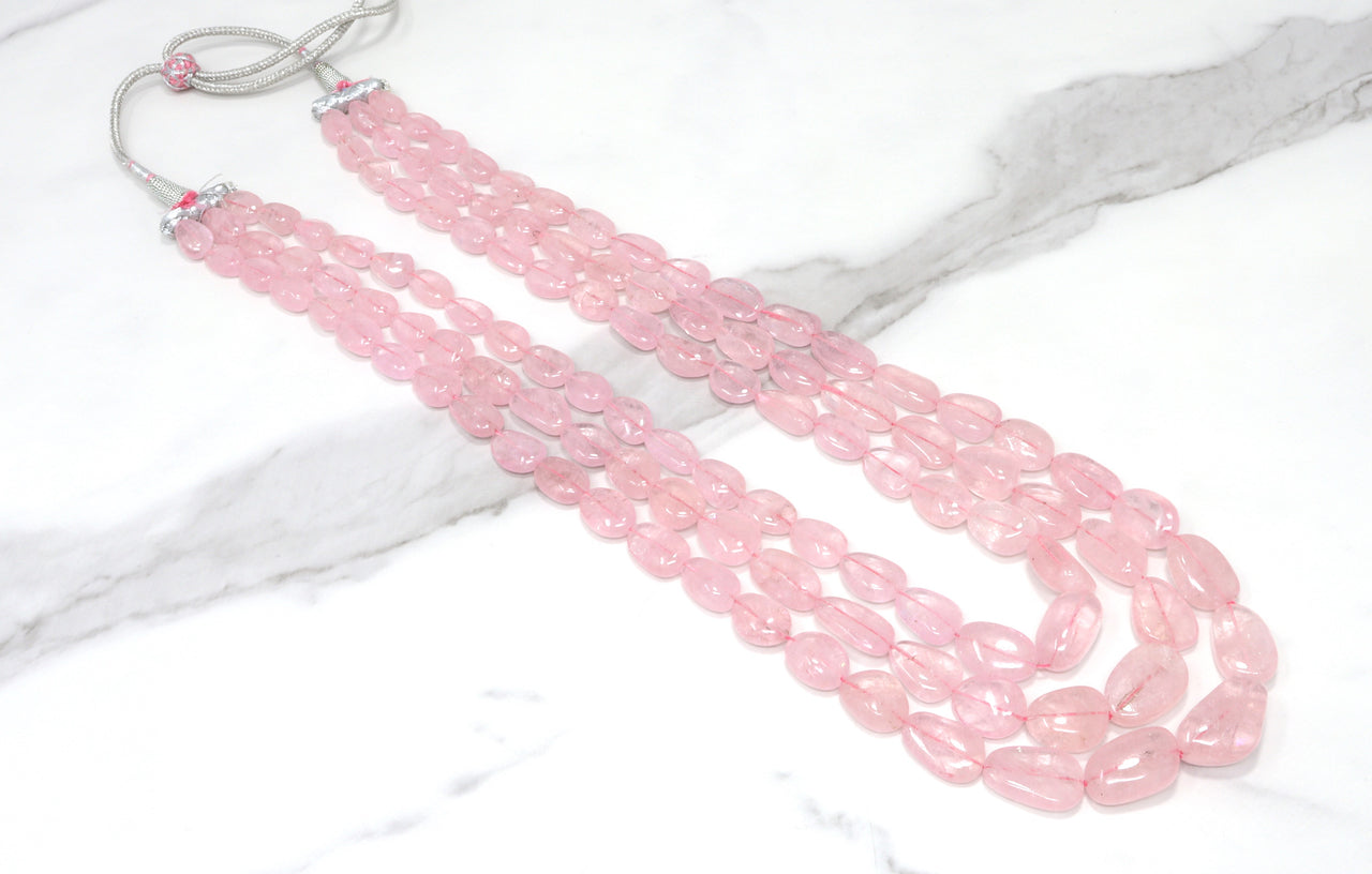 Pink Morganite 11x9mm - 16x12mm Smooth Nuggets 3 Strand Bead Necklace