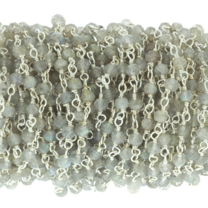 Blue Labradorite 3mm Faceted Rondelles Rosary Chain Sterling Silver Wire Wrap Chain by the Foot