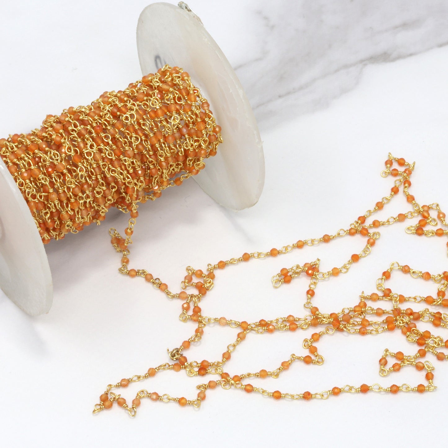 Orange Carnelian 2mm Faceted Rounds Rosary Chain Sterling Silver with Gold Plating Wire Wrap Chain by the Foot