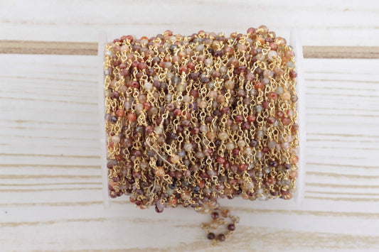 Red and Brown Multi Zircon 2.5mm Faceted Rondelles Rosary Chain Sterling Silver with Gold Plating Wire Wrap Chain by the Foot