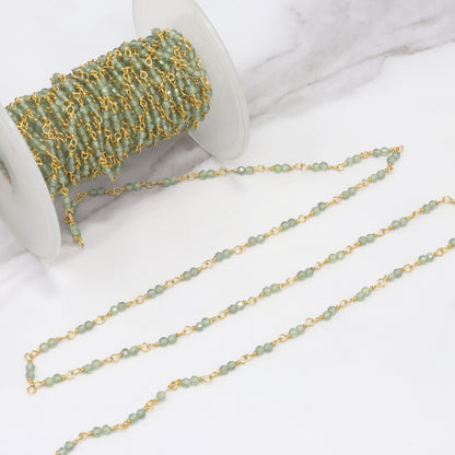 Green Apatite 2.5mm Faceted Rounds Rosary Chain Sterling Silver with Gold Plating Double Bead Wire Wrap Chain by the Foot