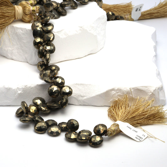 Natural Pyrite 10mm Faceted Heart Shaped Briolettes Bead Strand